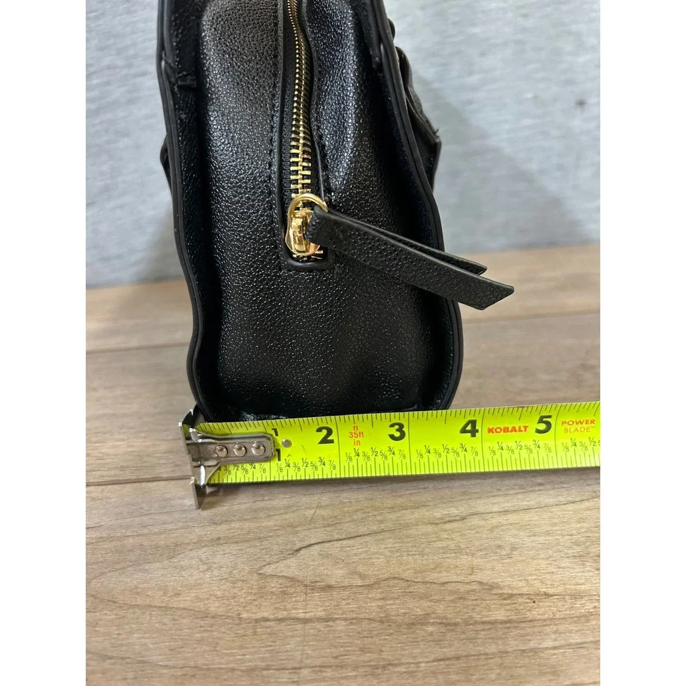 Nine West Womens Black Pebbled Faux Leather Satchel Handbag Gold Hardware Charm